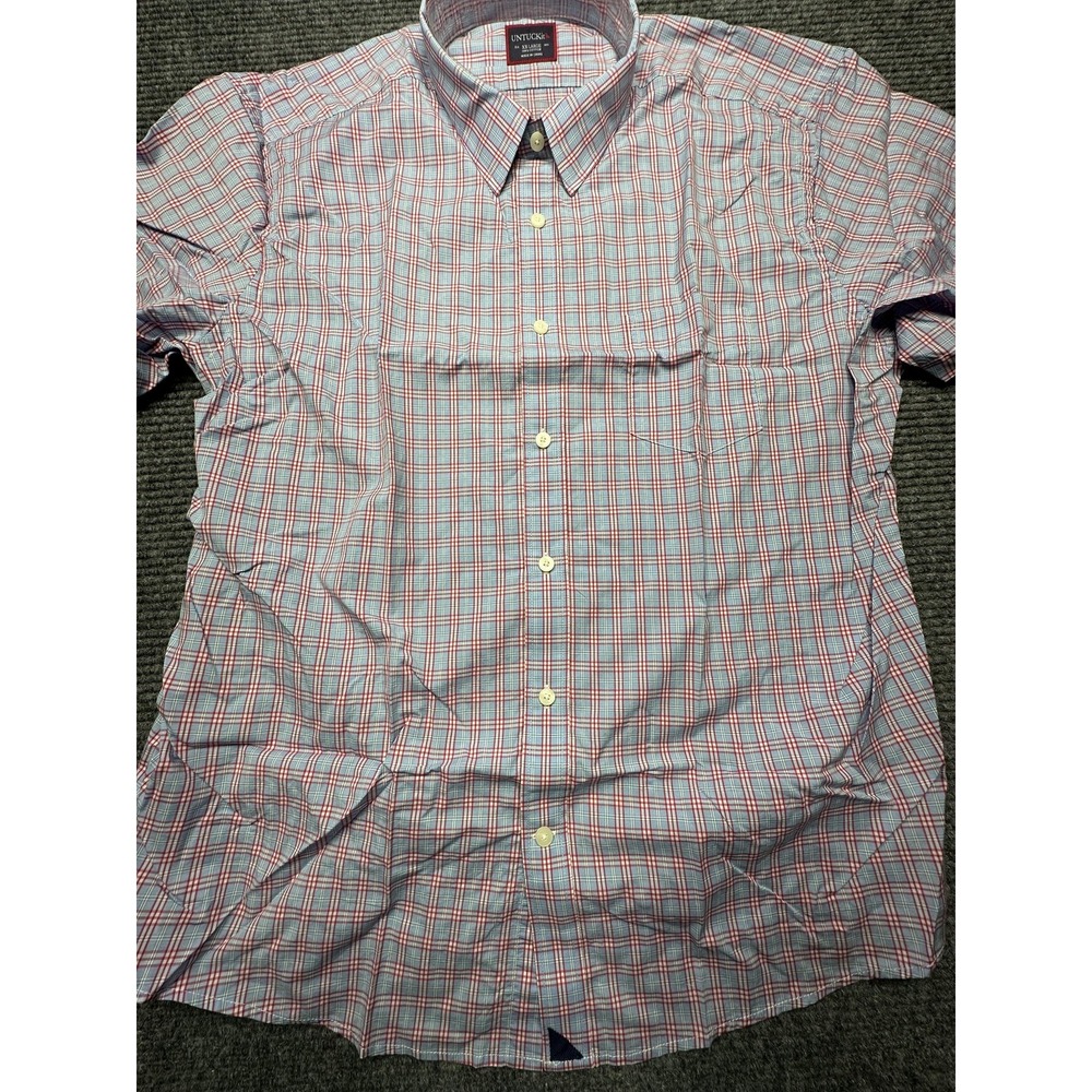 Untuckit‎ Shirt Mens 2XL Blue Red Plaid Sauterns Button Down Short Sleeve Cotton